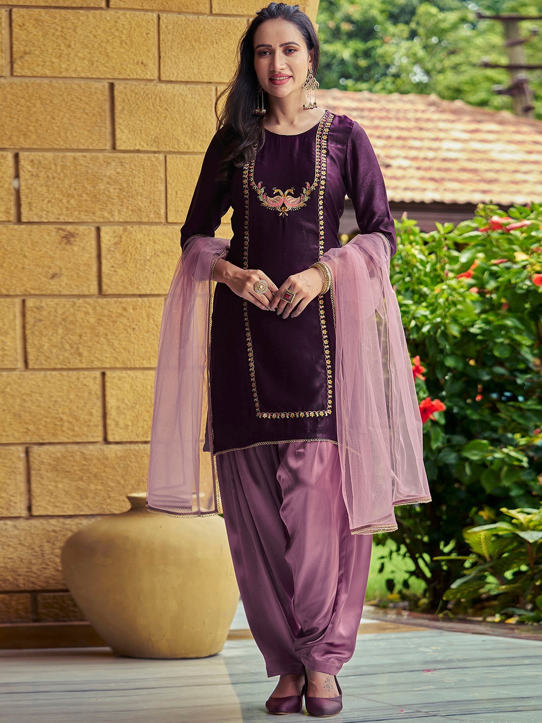 

KALINI Ethnic Motifs Embroidered Thread Work Velvet Kurta With Salwar & Dupatta, Purple