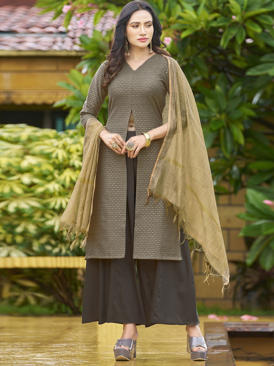 

KALINI Ethnic Motifs Woven Design High Slit Kurta With Palazzos & Dupatta, Beige
