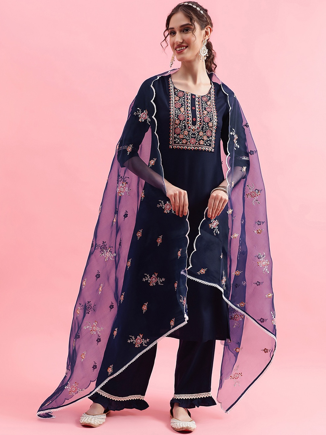 

KALINI Ethnic Motifs Yoke Design Thread Work Straight Kurta & Palazzos With Dupatta, Navy blue