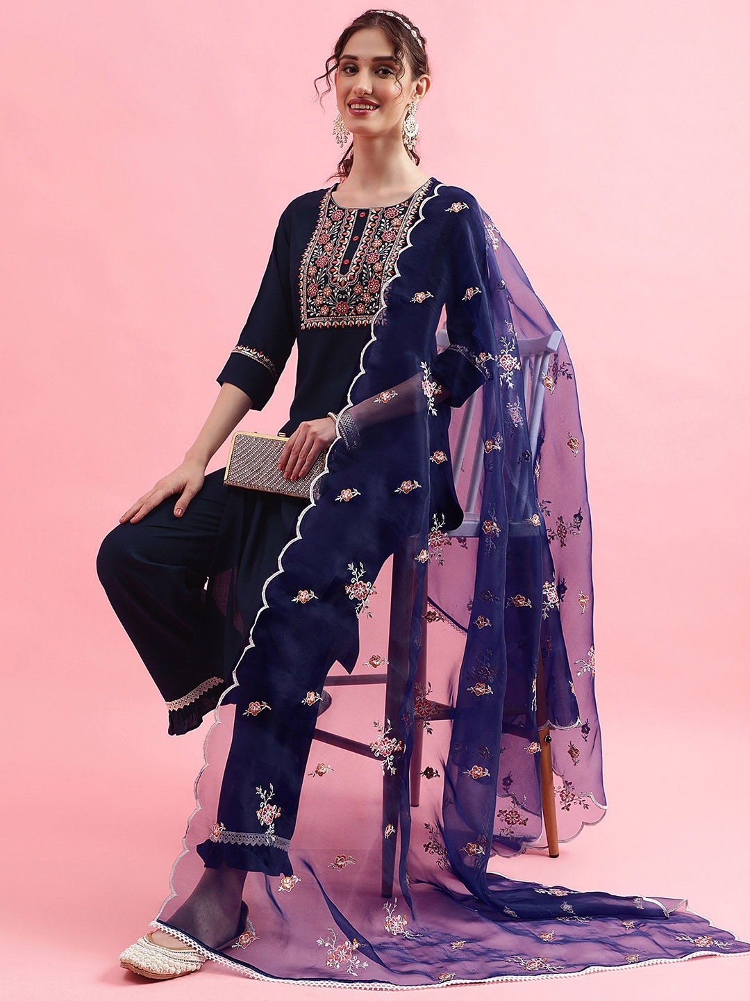 

SKYLEE Navy Blue & Pink Floral Embroidered Straight Kurta & Palazzos With Dupatta