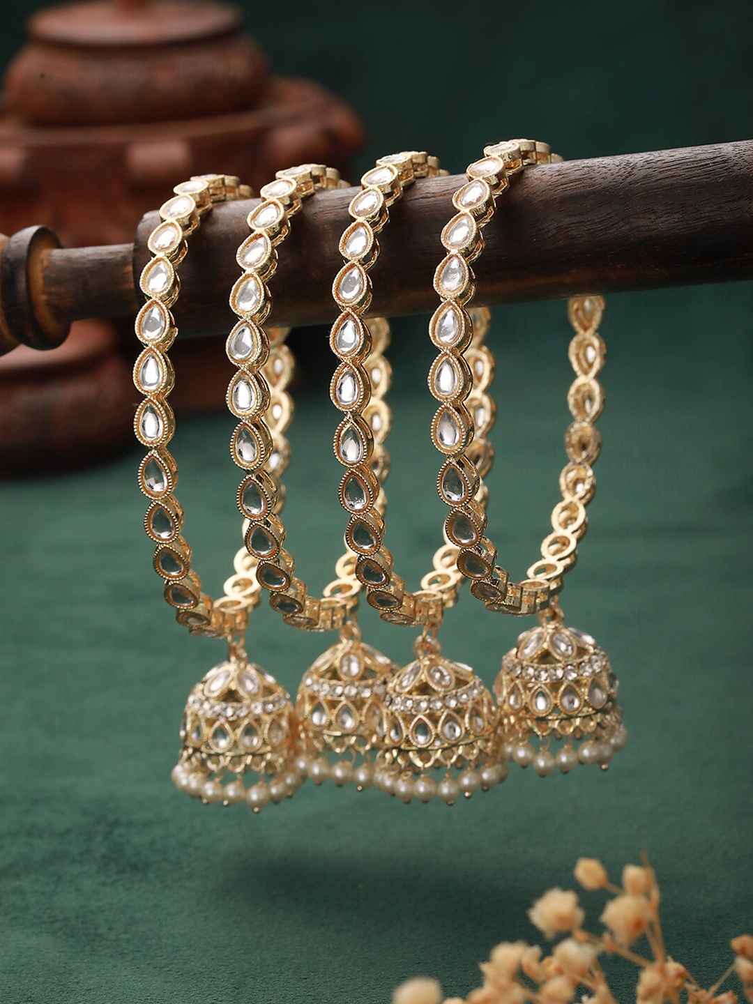 

Jazz and Sizzle Set Of 4 Gold-Plated Kundan-Studded & Pearls-Beaded Bangles