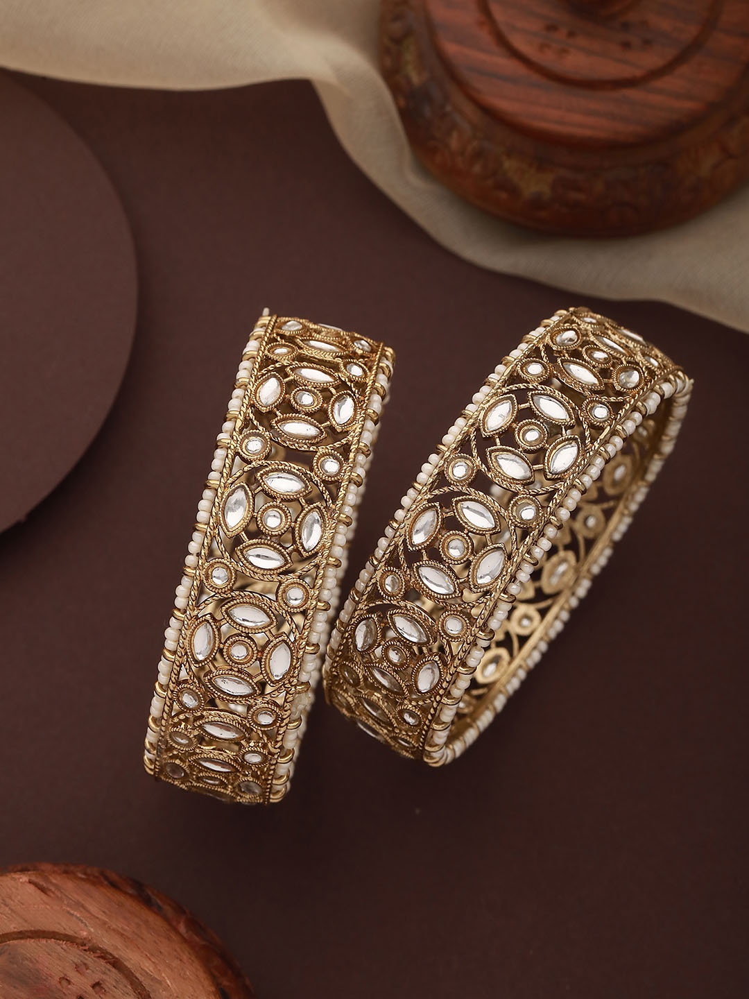 

Jazz and Sizzle Set Of 2 Gold-Plated Kundan-Studded & Pearl-Beaded Bangle