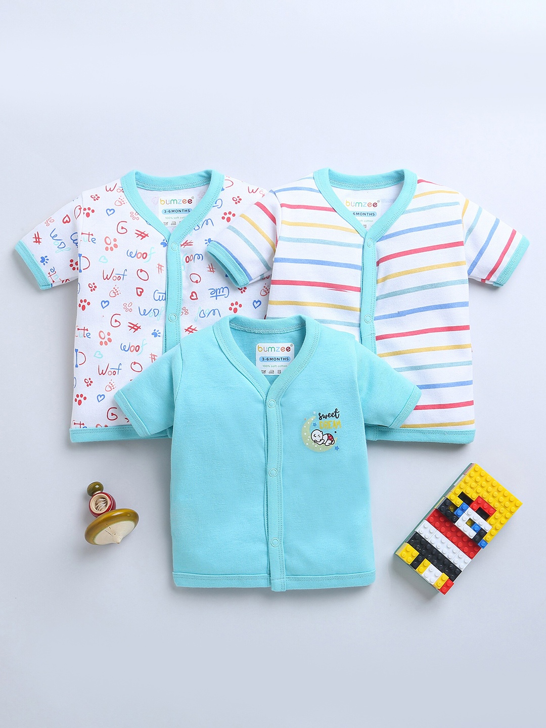 

BUMZEE Infant Boys Pack Of 3 Printed Cotton Jhabla Peb9010, Turquoise blue