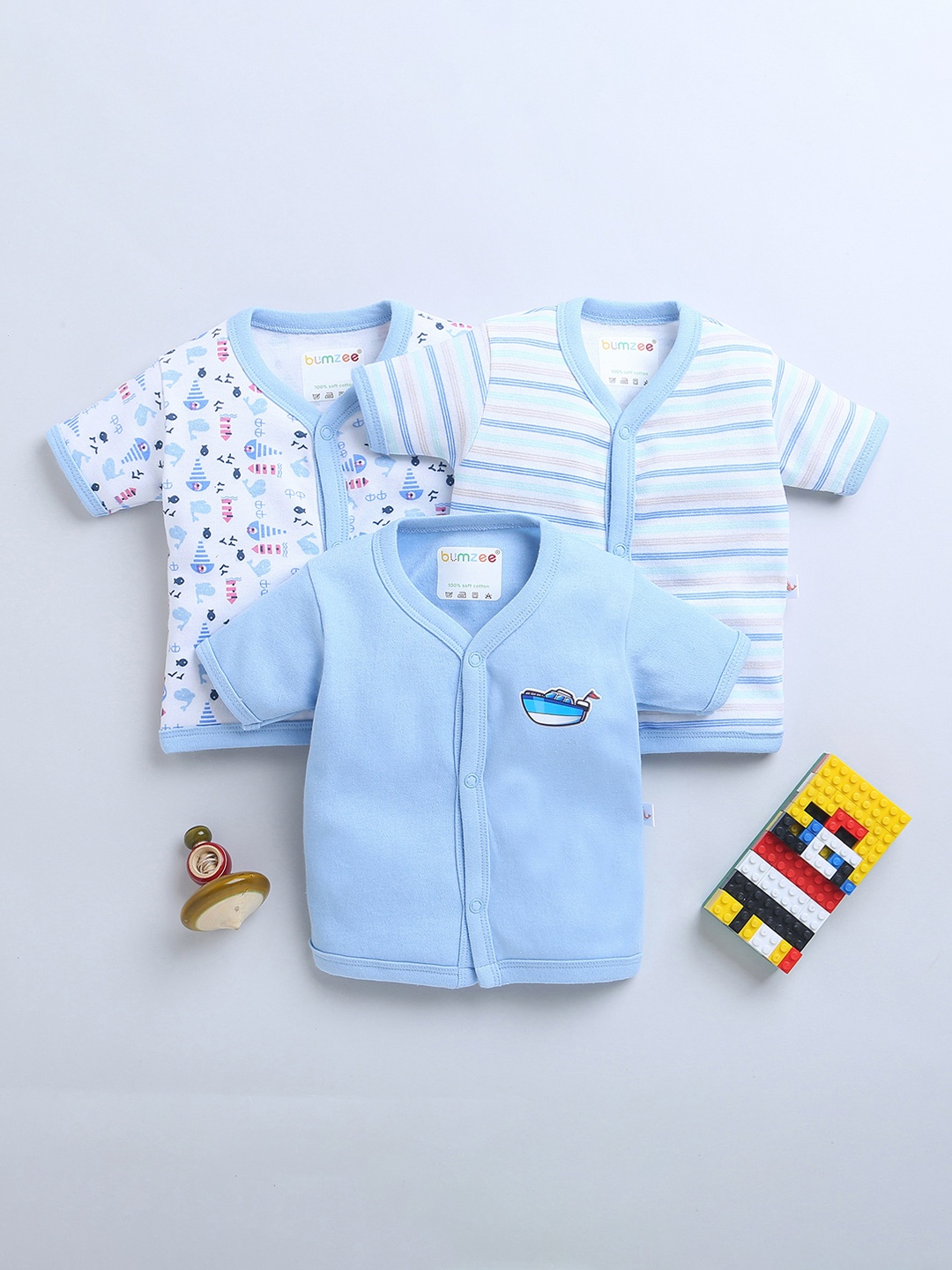 

BUMZEE Infant Boys Pack Of 3 Printed Cotton Jablas Peb9014, Blue