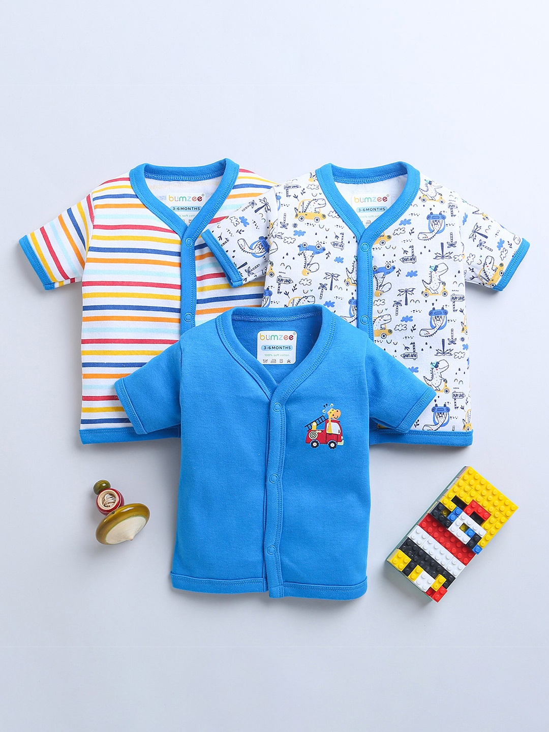 

BUMZEE Infant Boys Pack Of 3 Printed Cotton Jhabla Peb9013, Blue