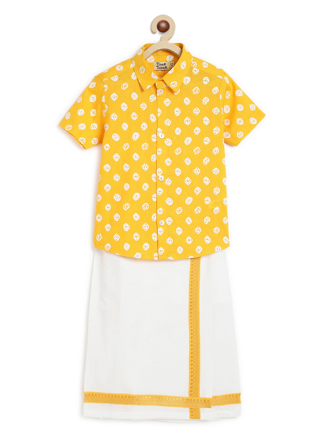 

Tiber Taber Boys Bandhani Printed Pure Cotton Shirt with Dhoti, Yellow