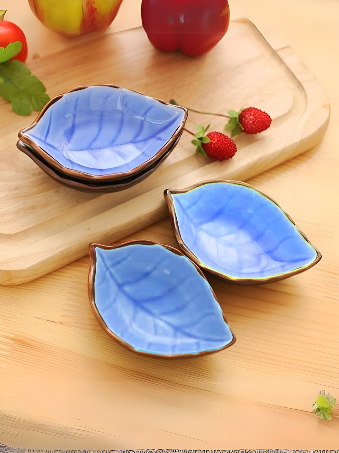 YELONA Blue 6 Pieces Leaf Shaped Porcelain Glossy Dip Bowls