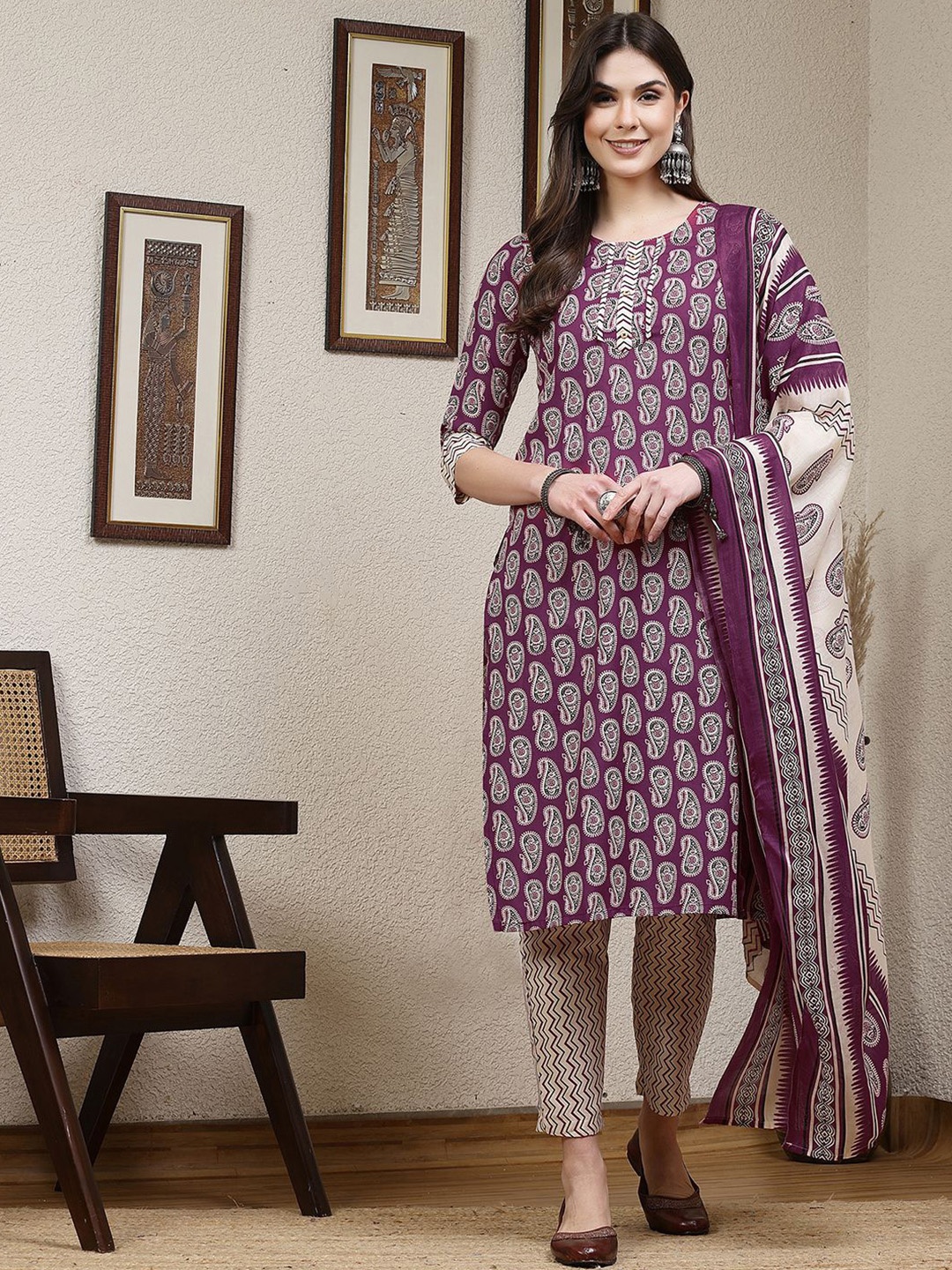 

KALINI Paisley Printed Straight Kurta with Trousers & Dupatta, Purple