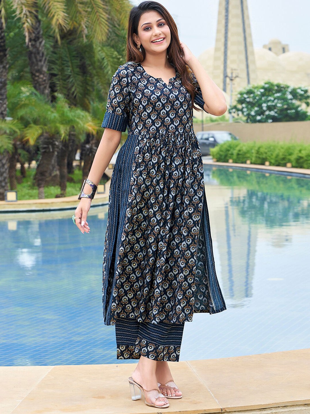 

KALINI Ethnic Motifs Foil Printed Pleated Kurta with Palazzos, Navy blue