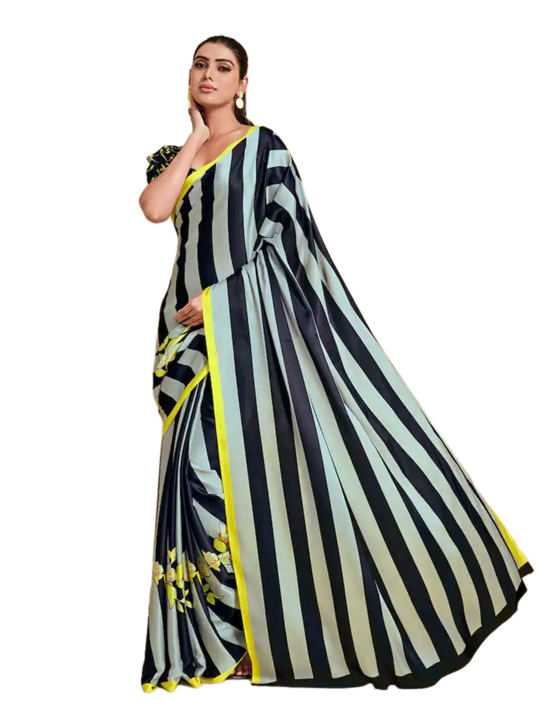 

P D Silk Mills Striped Printed Pure Crepe Saree, Grey