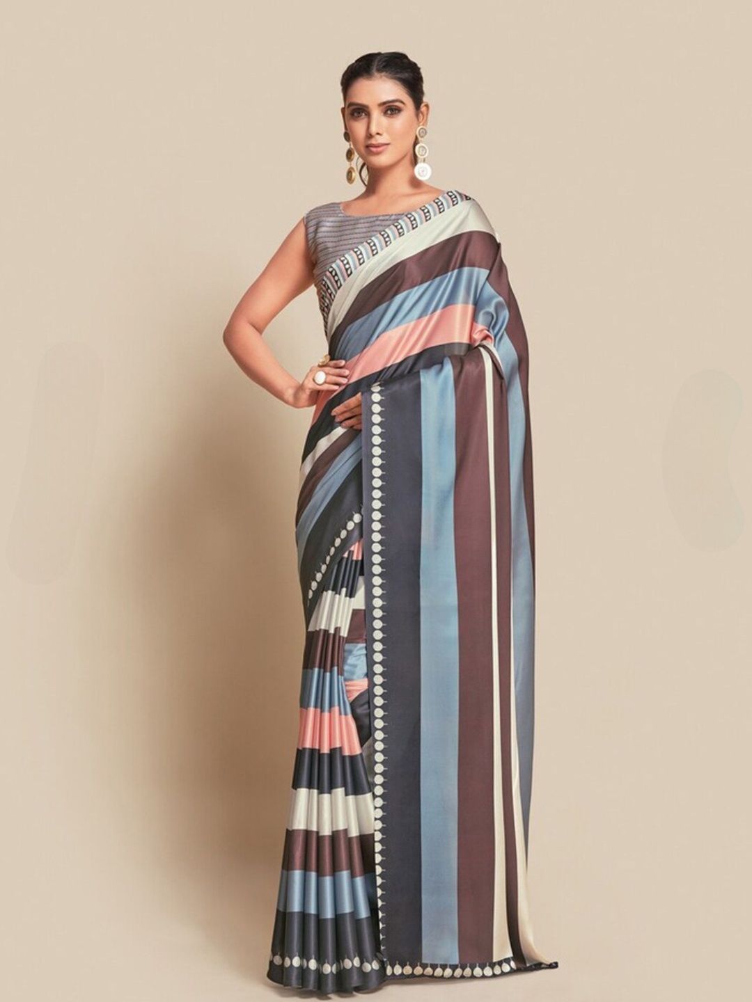 

P D Silk Mills Striped Printed Pure Crepe Saree, Peach