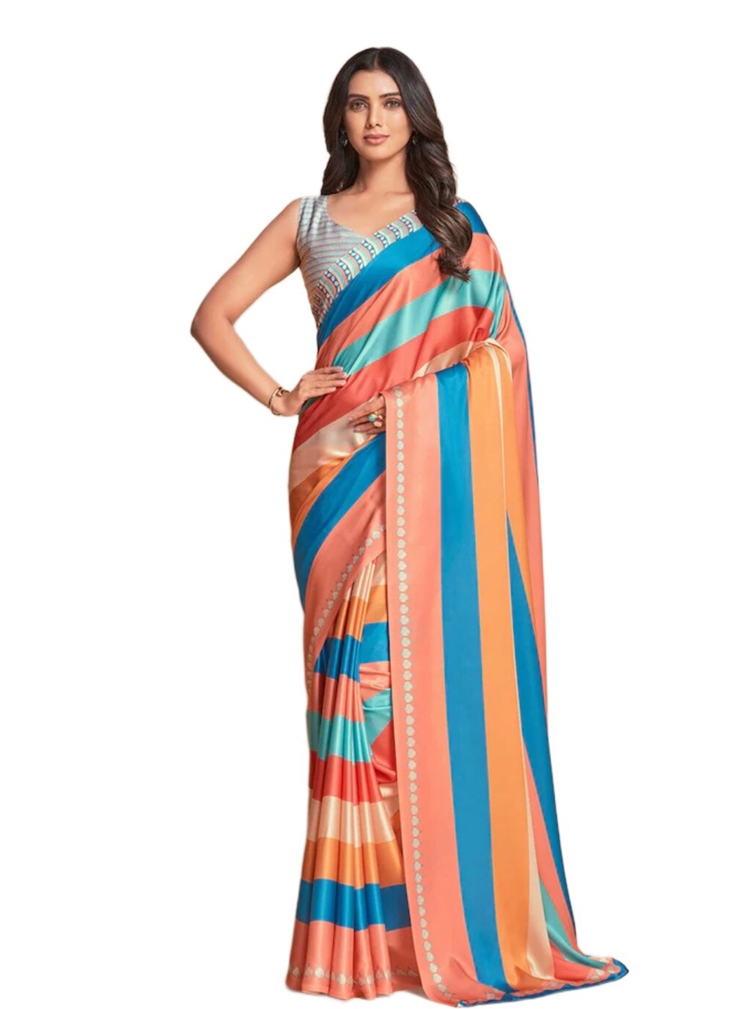 

P D Silk Mills Striped Printed Pure Crepe Saree, Blue
