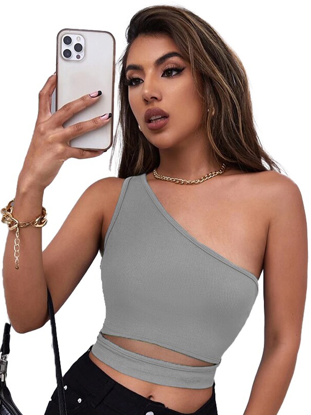 

BAESD Grey One Shoulder Cotton Crop Top