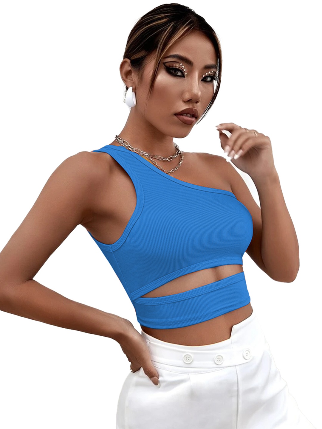 

BAESD Blue One Shoulder Crop Corset Top