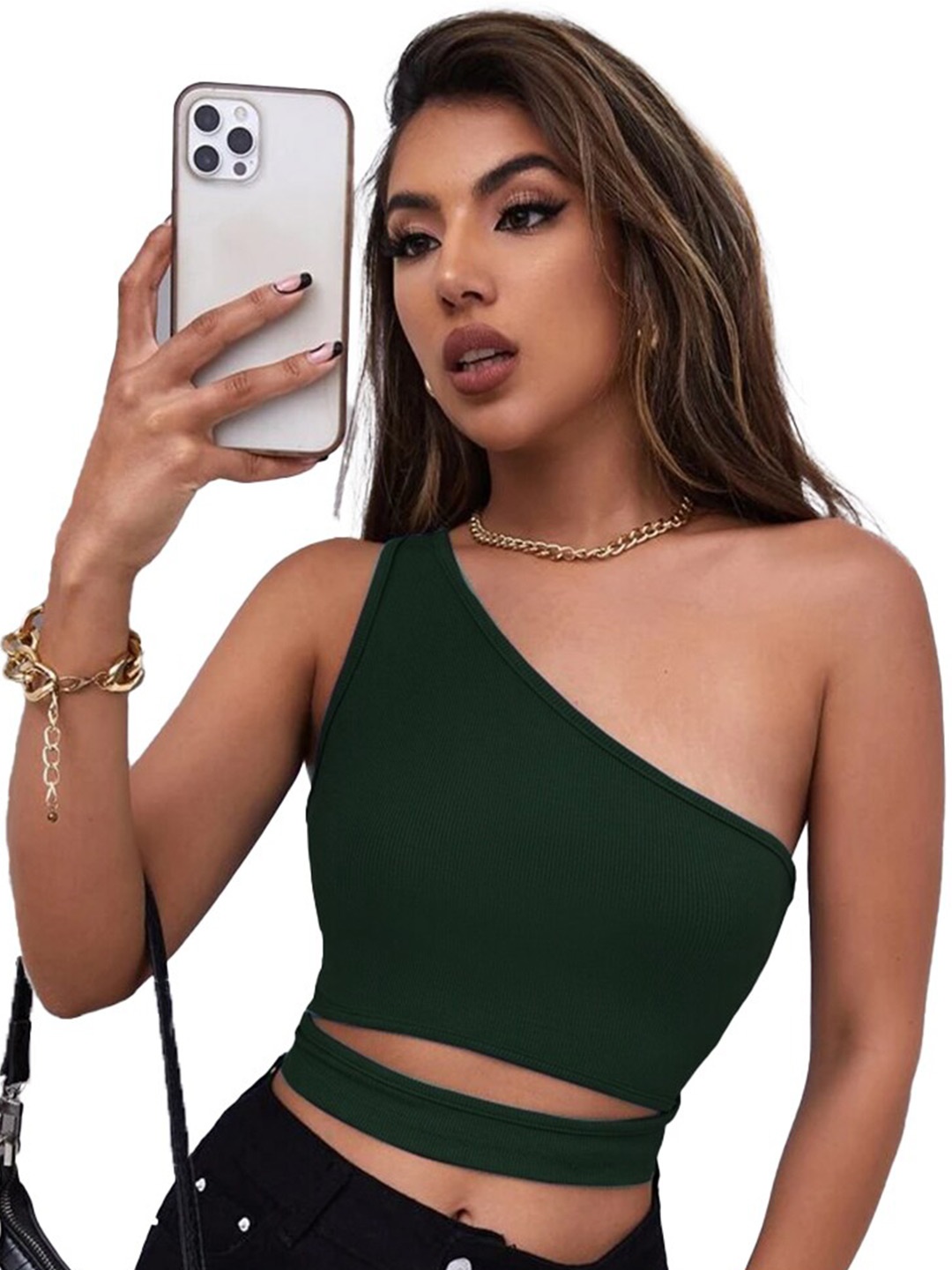 

BAESD One Shoulder Opaque Casual Crop Top, Green