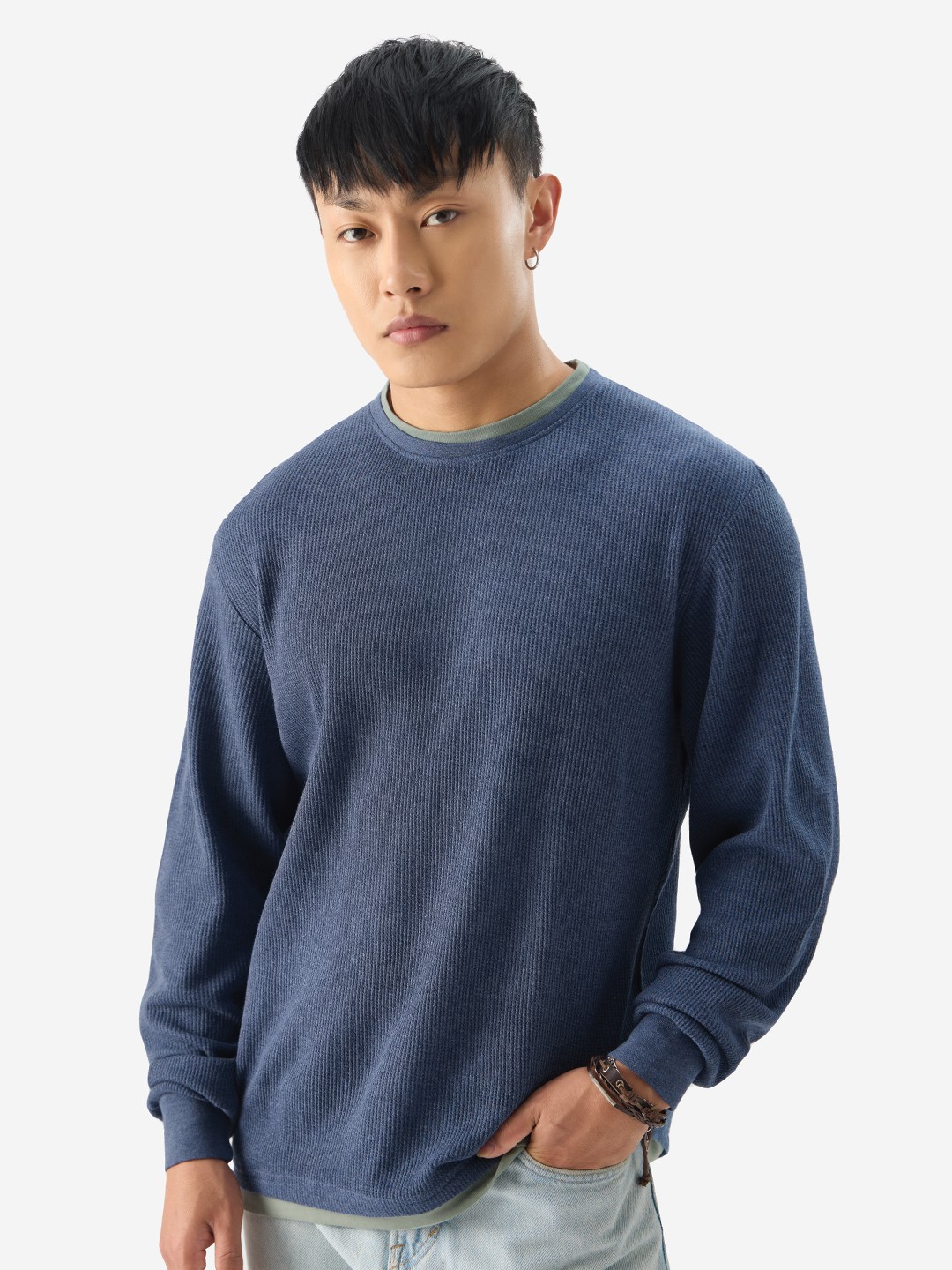 

The Souled Store Drop-Shoulder Sleeves Raw Edge Layered Pure Cotton T-shirt, Navy blue