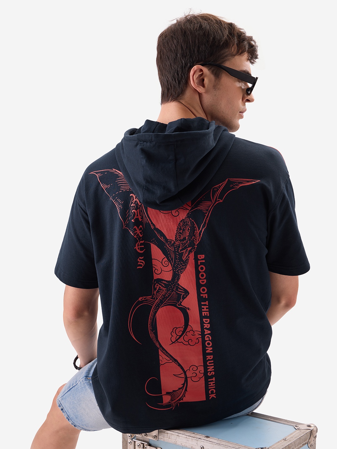

The Souled Store Short Sleeves Hooded Printed Cotton Raw Edge T-shirt, Black