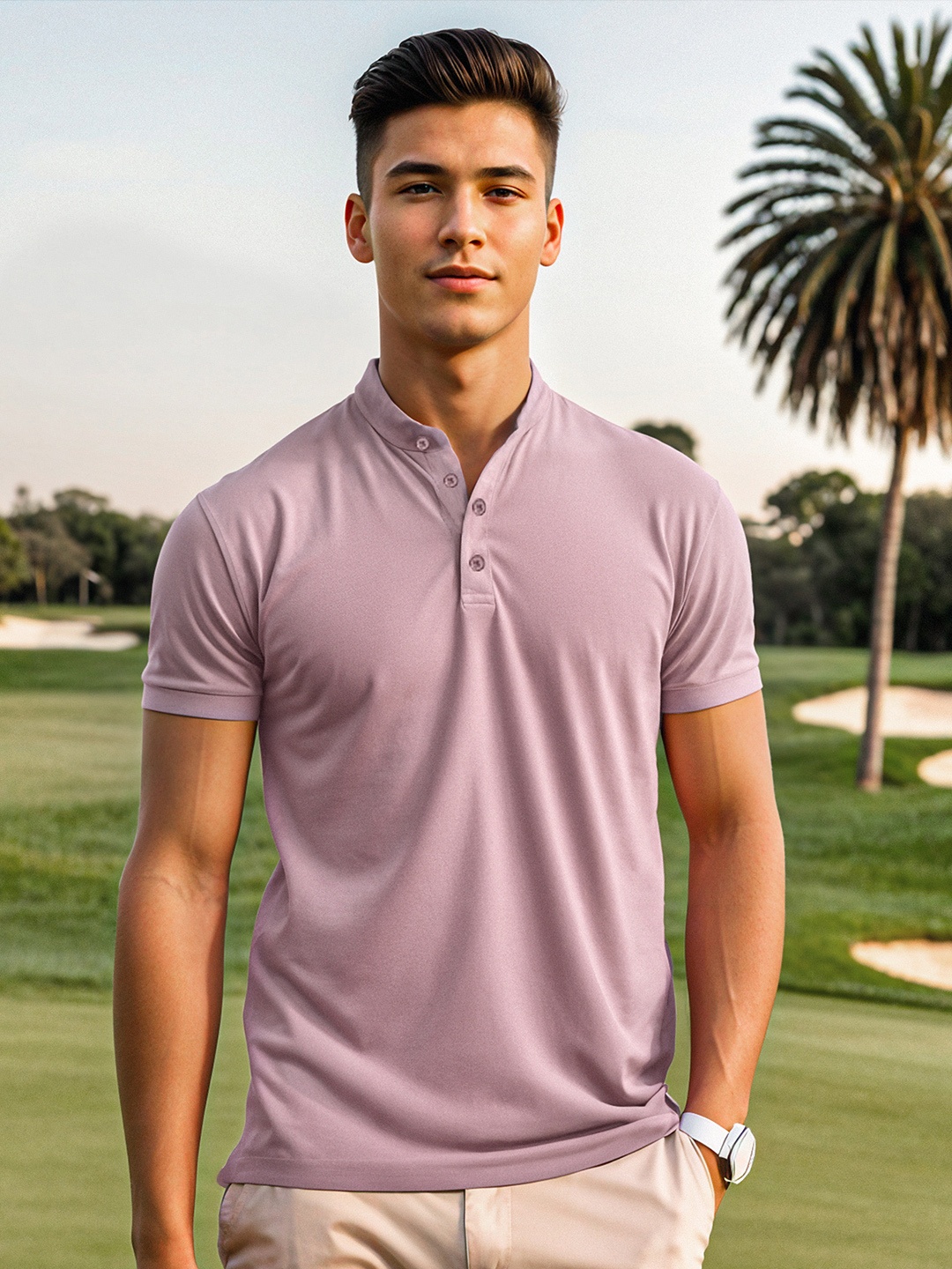 

The Souled Store Mandarin Collar Short Sleeves Cotton T-shirt, Taupe