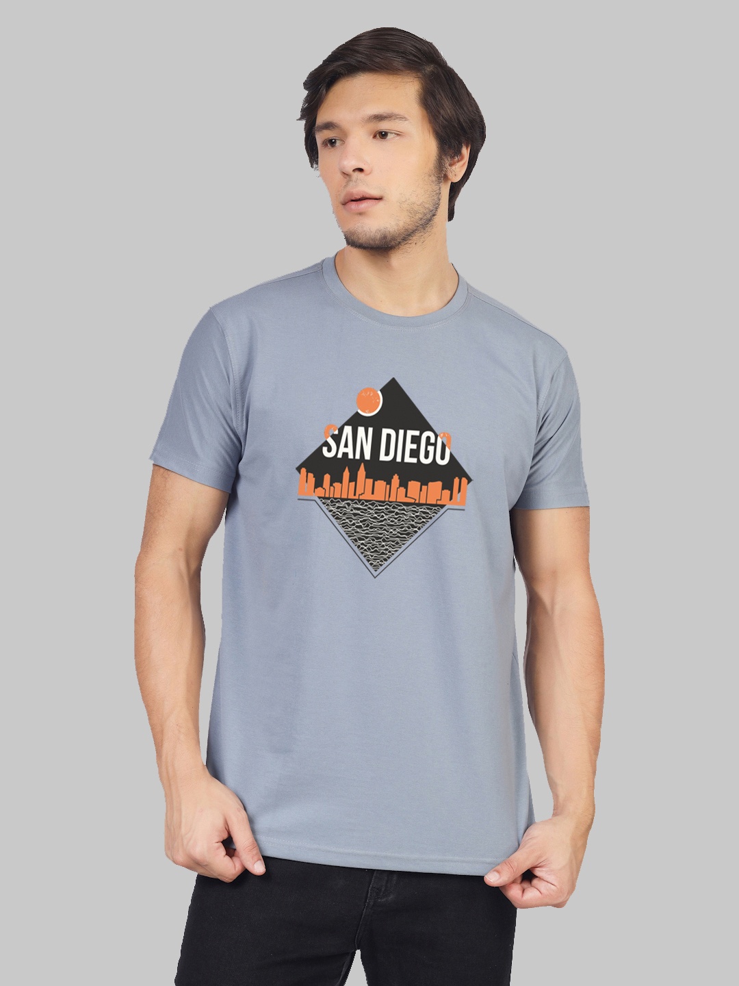 

Greylongg Printed Round Neck Short Sleeves Cotton T-shirt, Grey