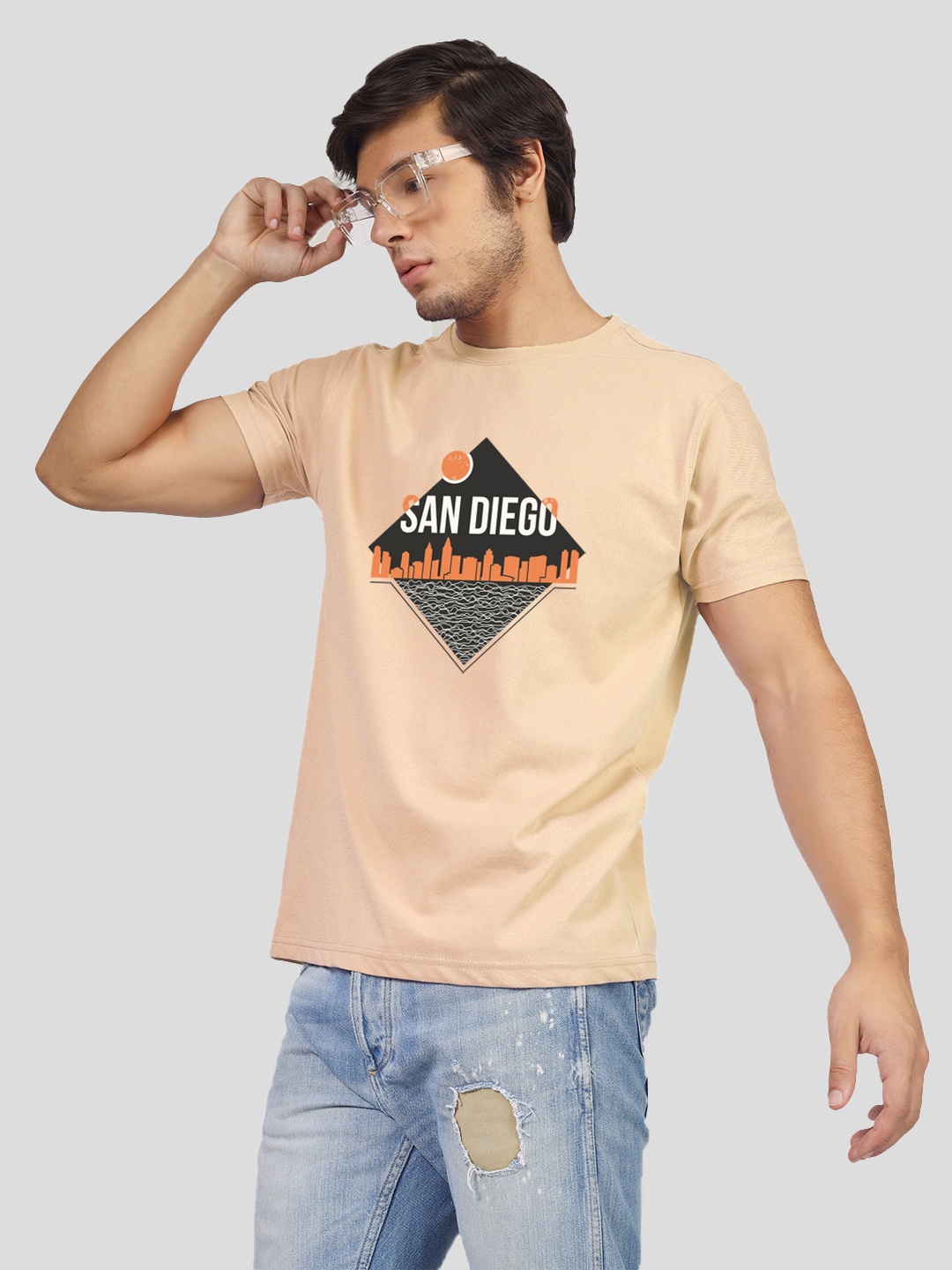 

Greylongg Printed Round Neck Short Sleeves Cotton T-shirt, Beige