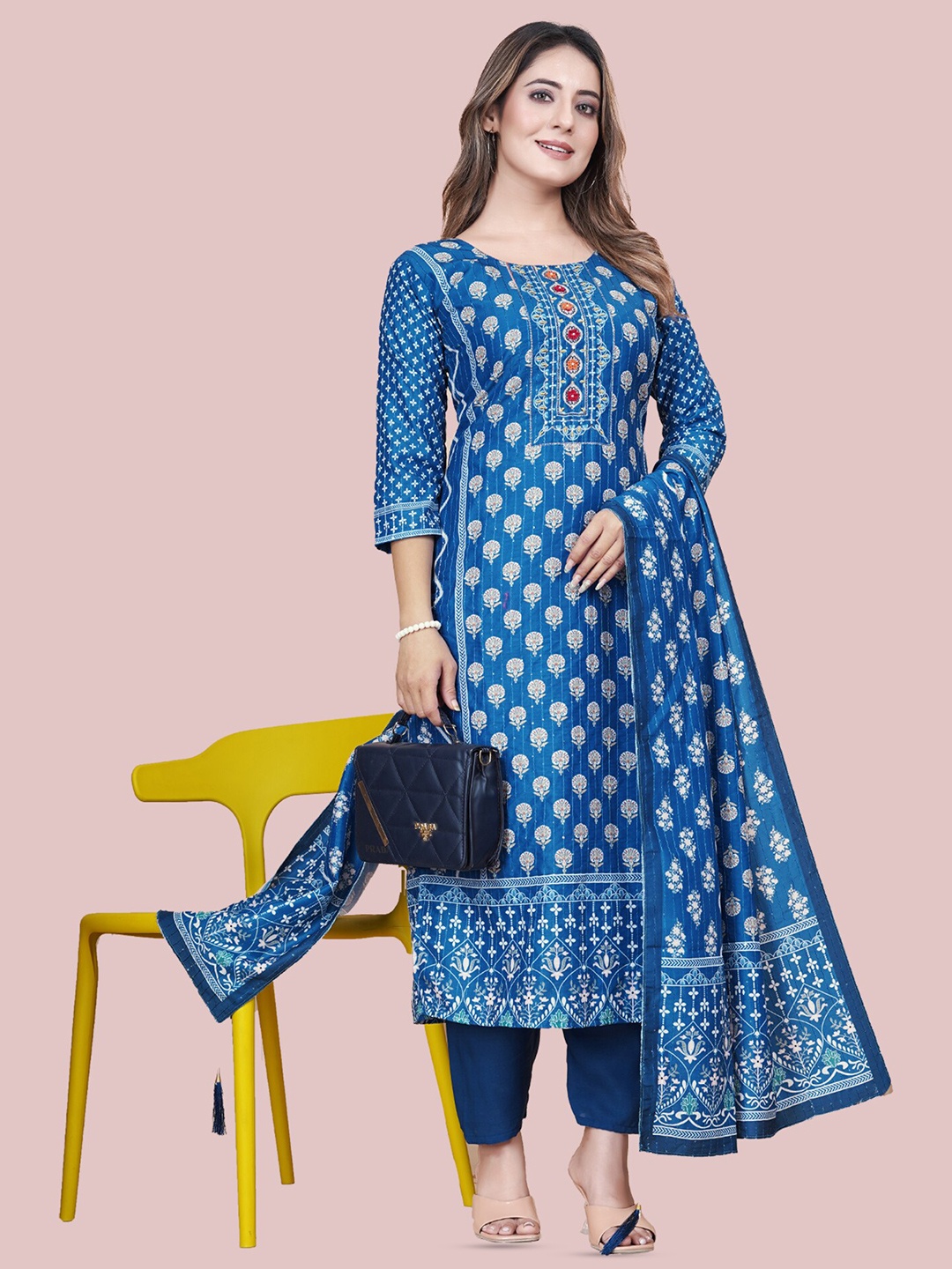 

N N ENTERPRISE Ethnic Motifs Printed Pure Cotton Straight Kurta with Trousers & Dupatta, Blue