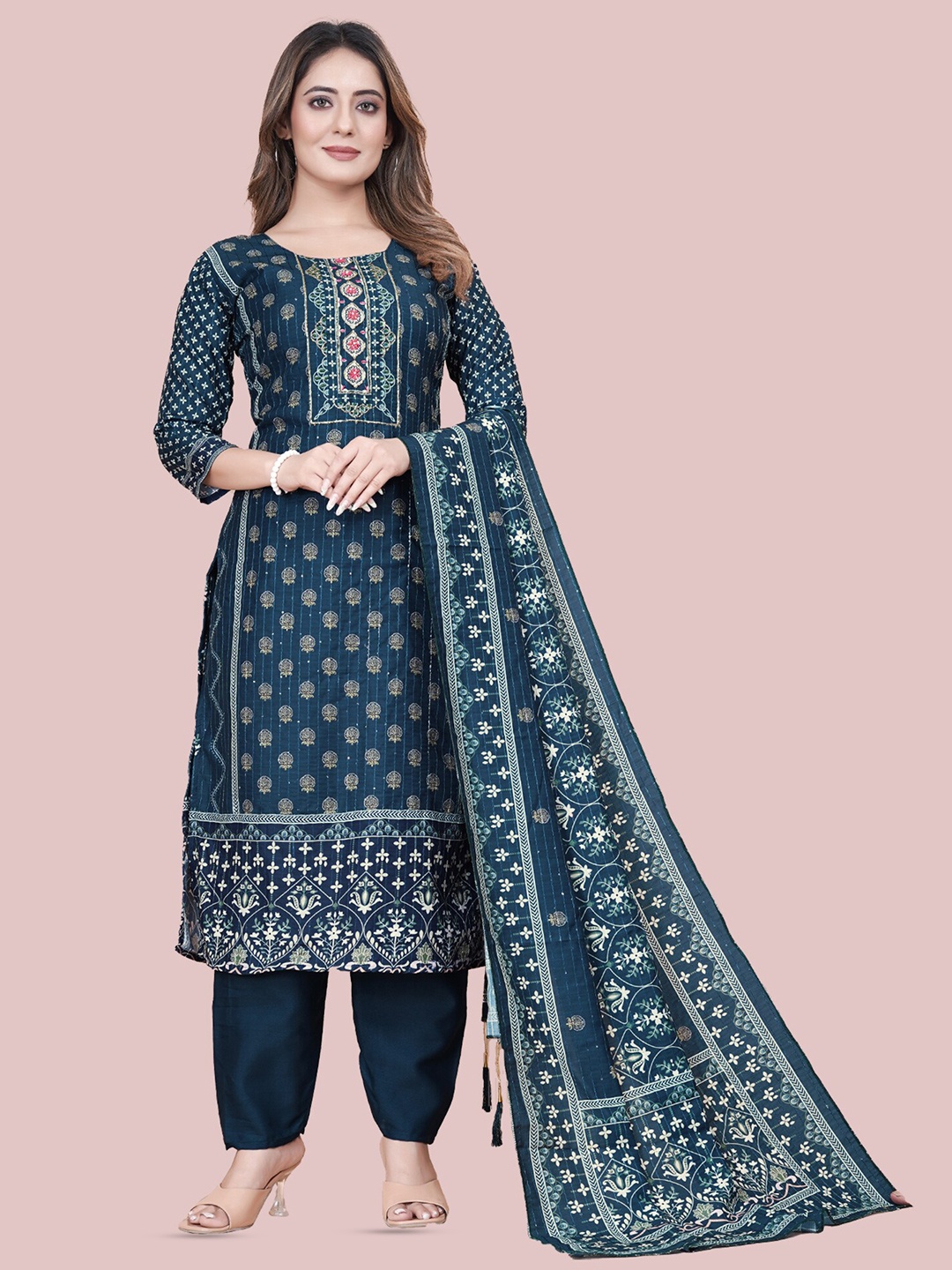 

N N ENTERPRISE Ethnic Motifs Printed Pure Cotton Straight Kurta with Trousers & Dupatta, Teal