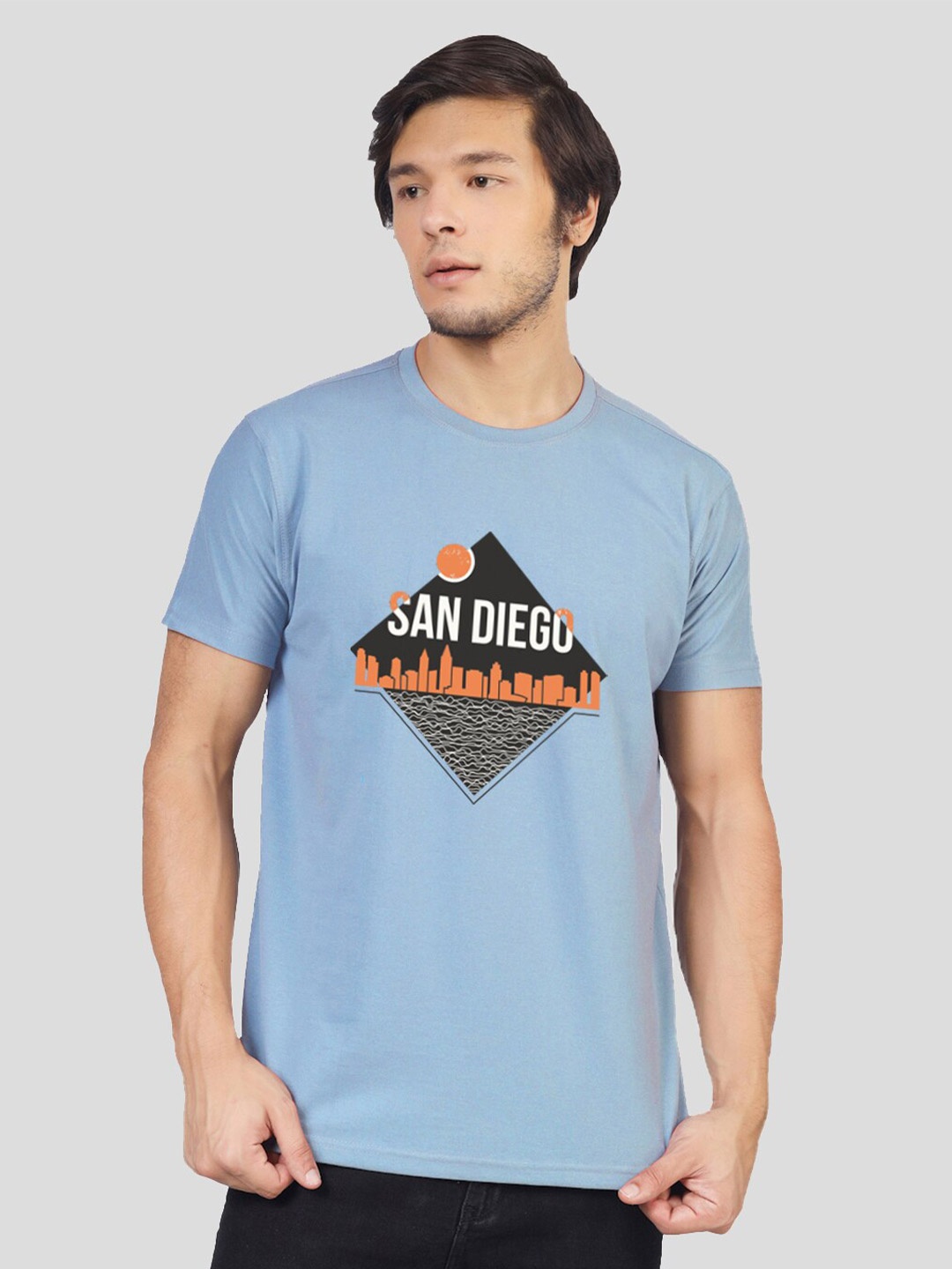 Greylongg Typography Printed Short Sleeves Casual T-shirt, Blue