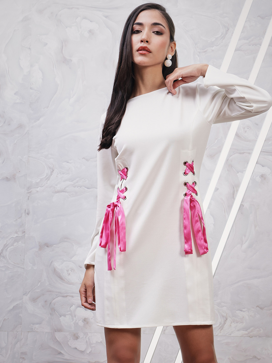 

Athena Round Neck Ribbon Tie Up Satin A-Line dress, White