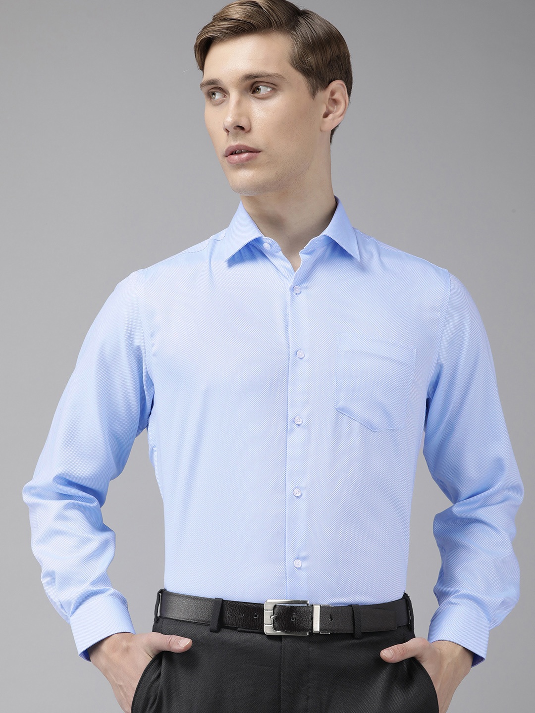 

Van Heusen Pure cotton Self Design Custom Fit Textured Formal Shirt, Blue
