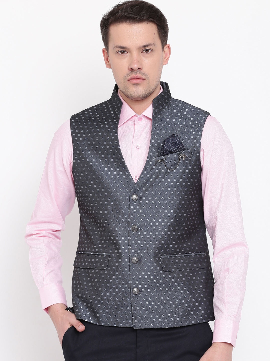 

Blackberrys Charcoal Grey Patterned Slim Fit Nehru Jacket