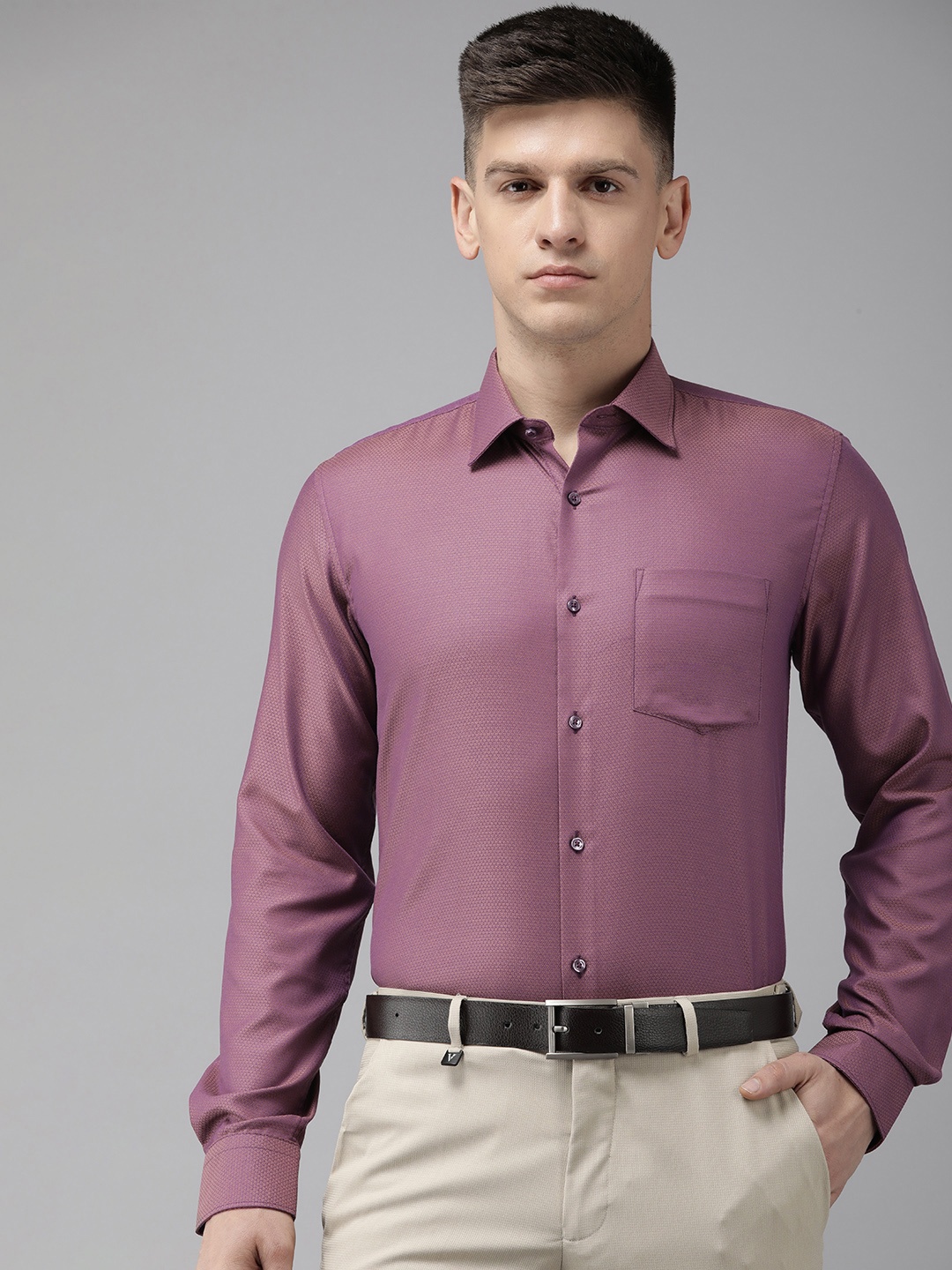 

Van Heusen Pure Cotton Self Design Slim Fit Textured Formal Shirt, Purple