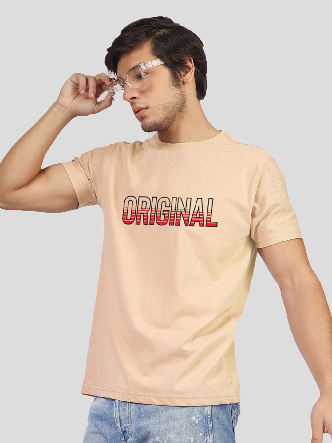 

Greylongg Printed Round Neck Short Sleeves Cotton T-shirt, Beige