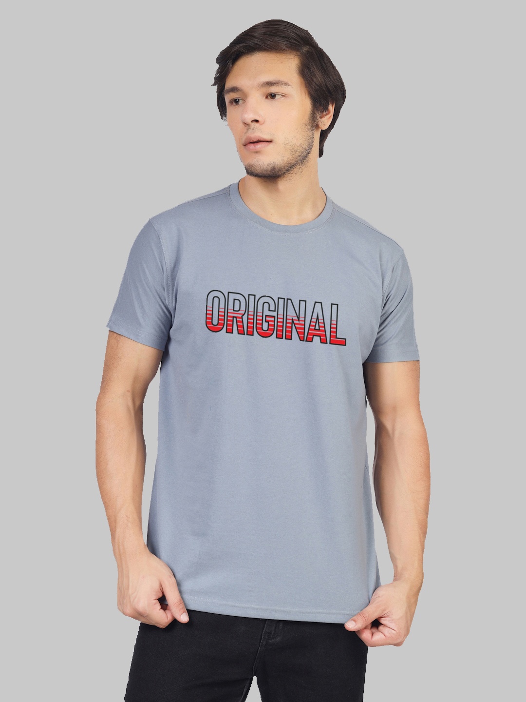 

Greylongg Printed Round Neck Short Sleeves Cotton T-shirt, Grey