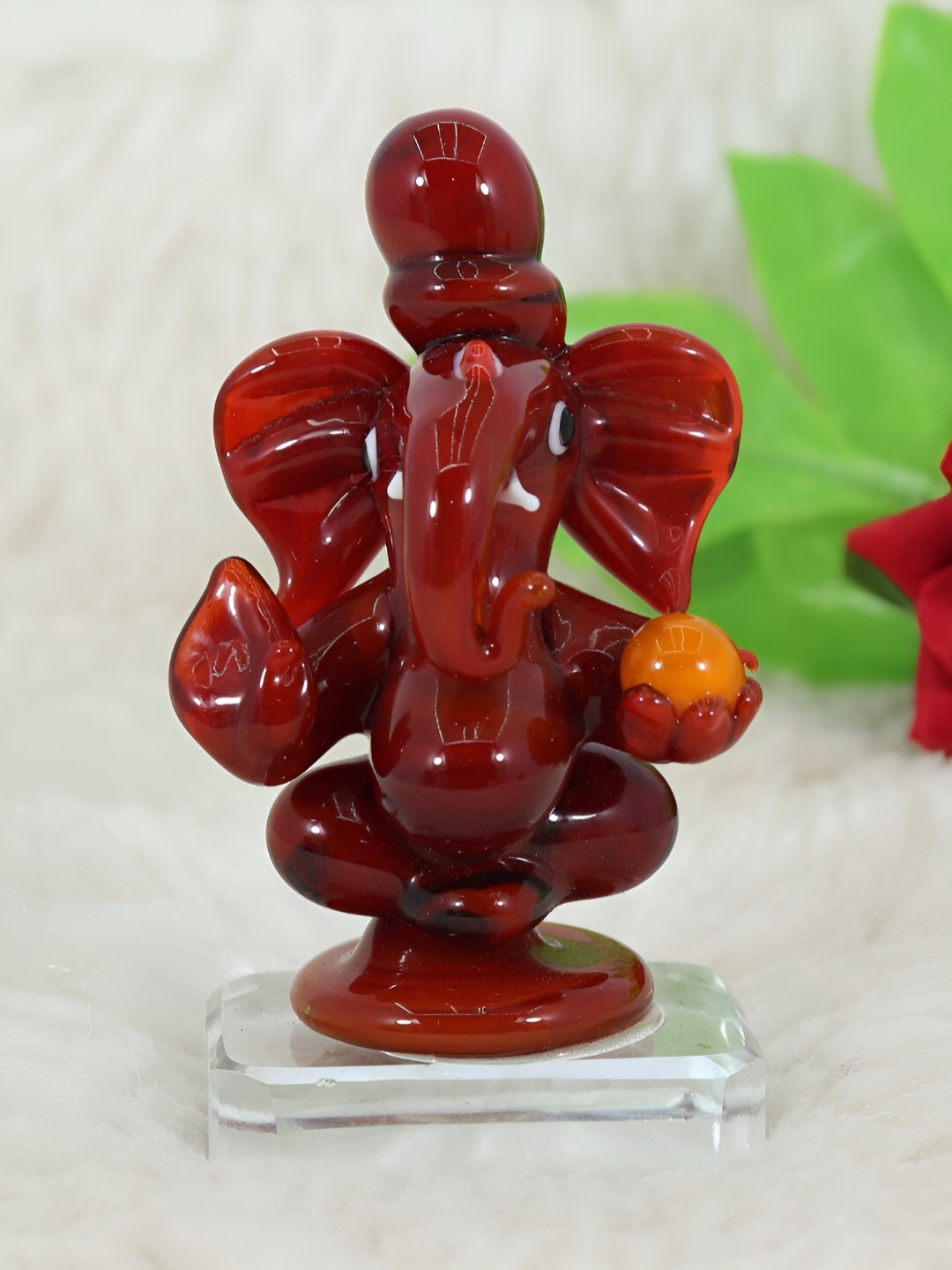 

NMII Maroon & Orange Religious Glass Ganesh Idol Showpiece