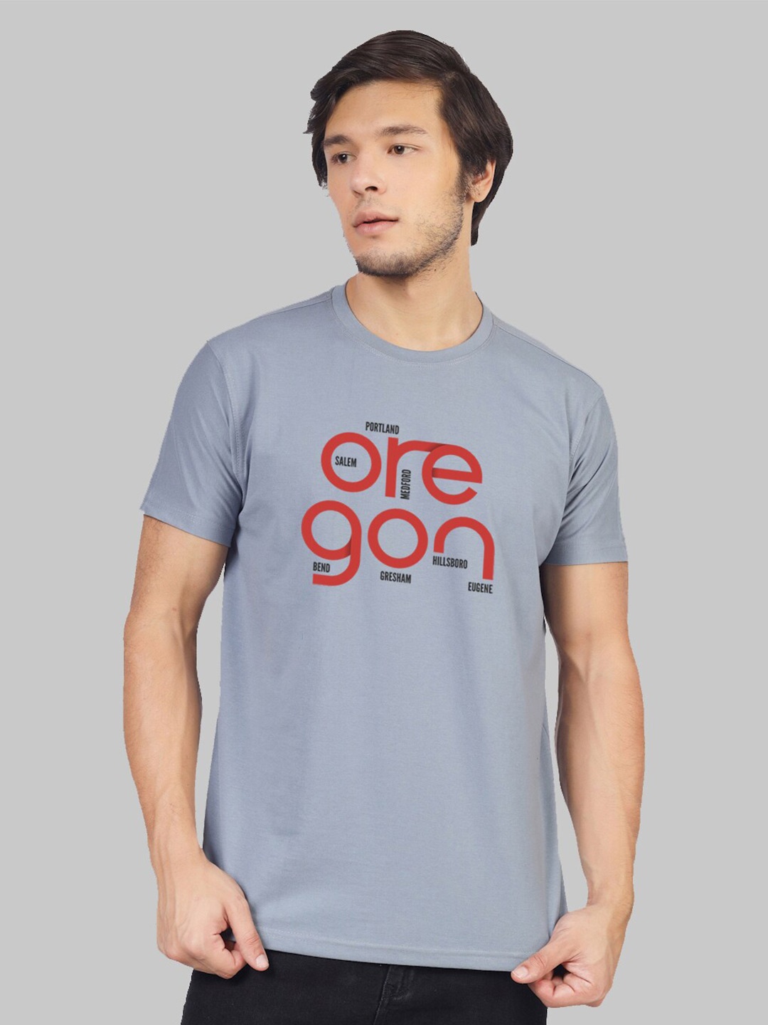 

Greylongg Typography Printed Short Sleeves Casual T-shirt, Grey