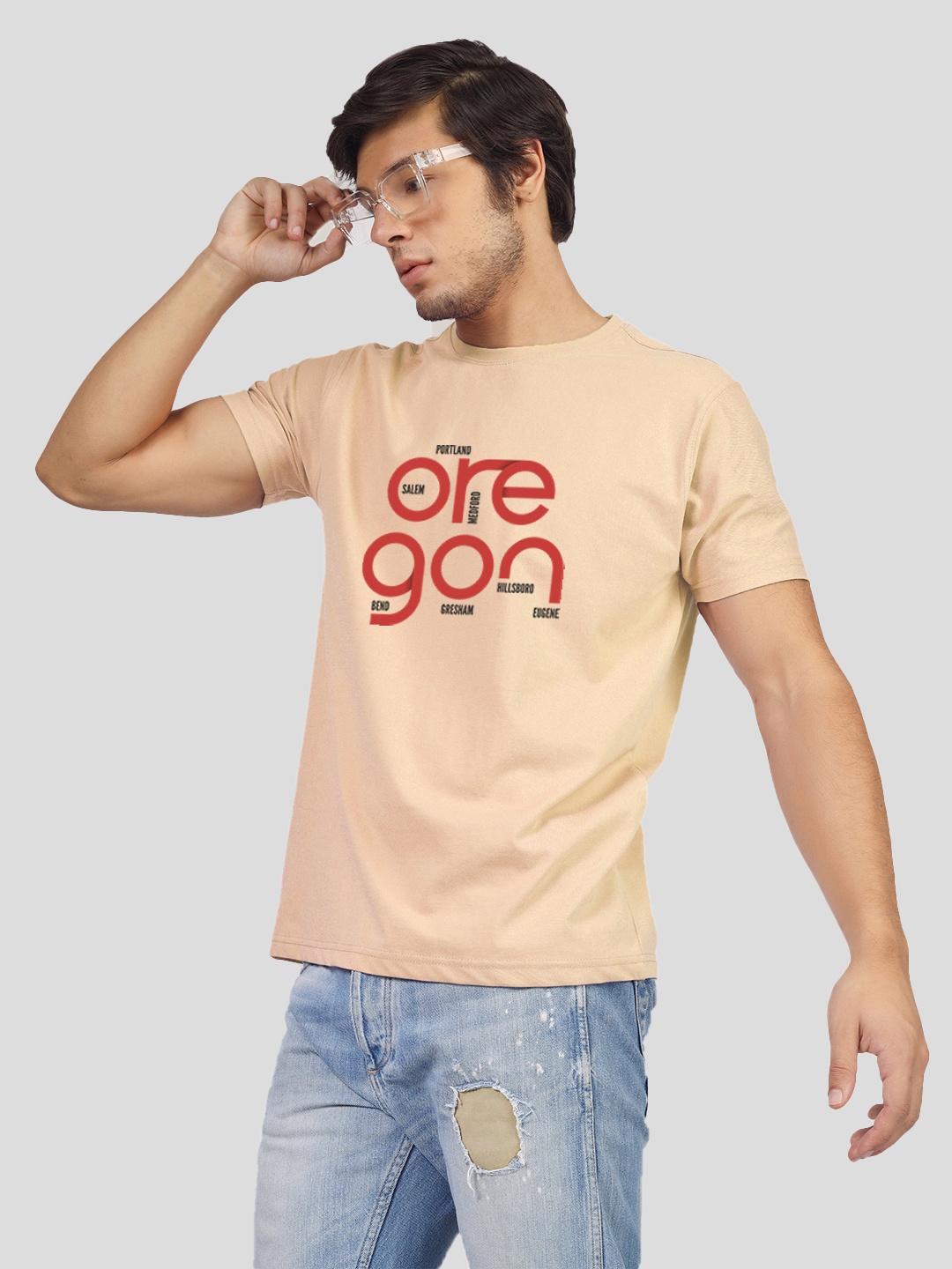 Greylongg Printed Round Neck Short Sleeves Cotton T-shirt, Beige
