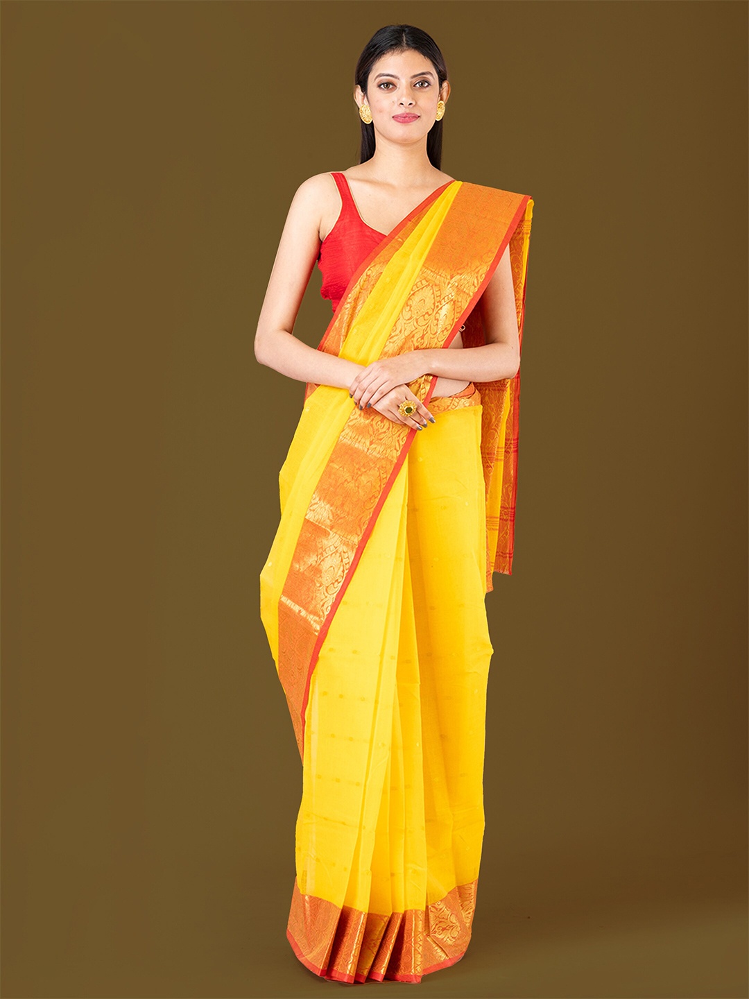 

HOUSE OF ARLI Ethnic Motifs Woven Design Zari Pure Cotton Taant Saree, Yellow