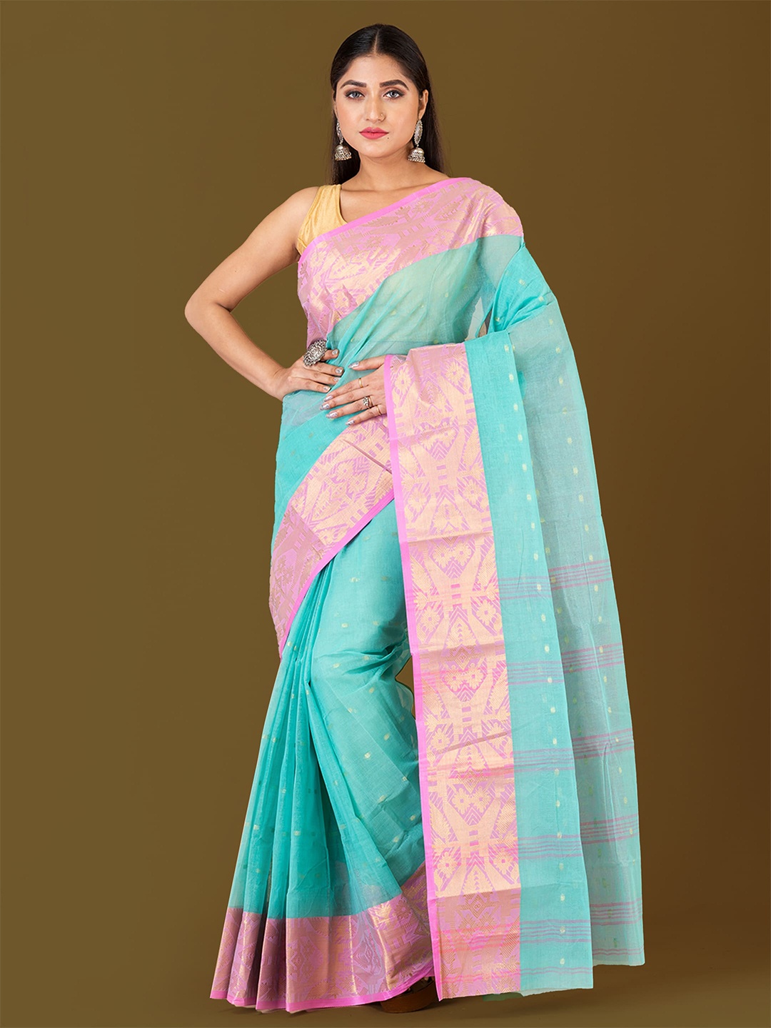 

HOUSE OF ARLI Ethnic Motifs Woven Design Zari Pure Cotton Taant Saree, Sea green