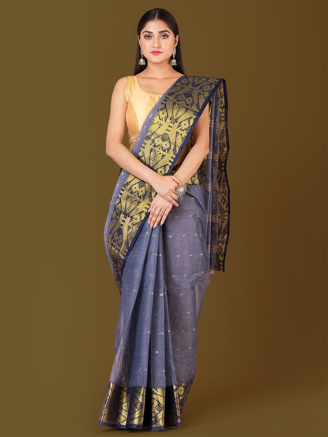 

HOUSE OF ARLI Ethnic Motifs Woven Design Zari Pure Cotton Taant Saree, Grey