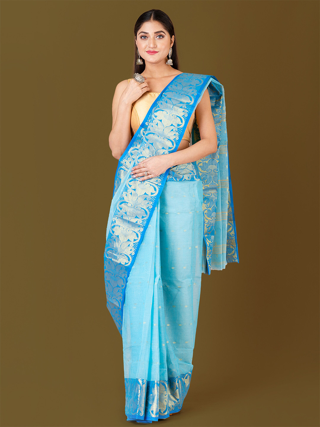 

HOUSE OF ARLI Ethnic Motifs Woven Design Zari Pure Cotton Taant Saree, Blue