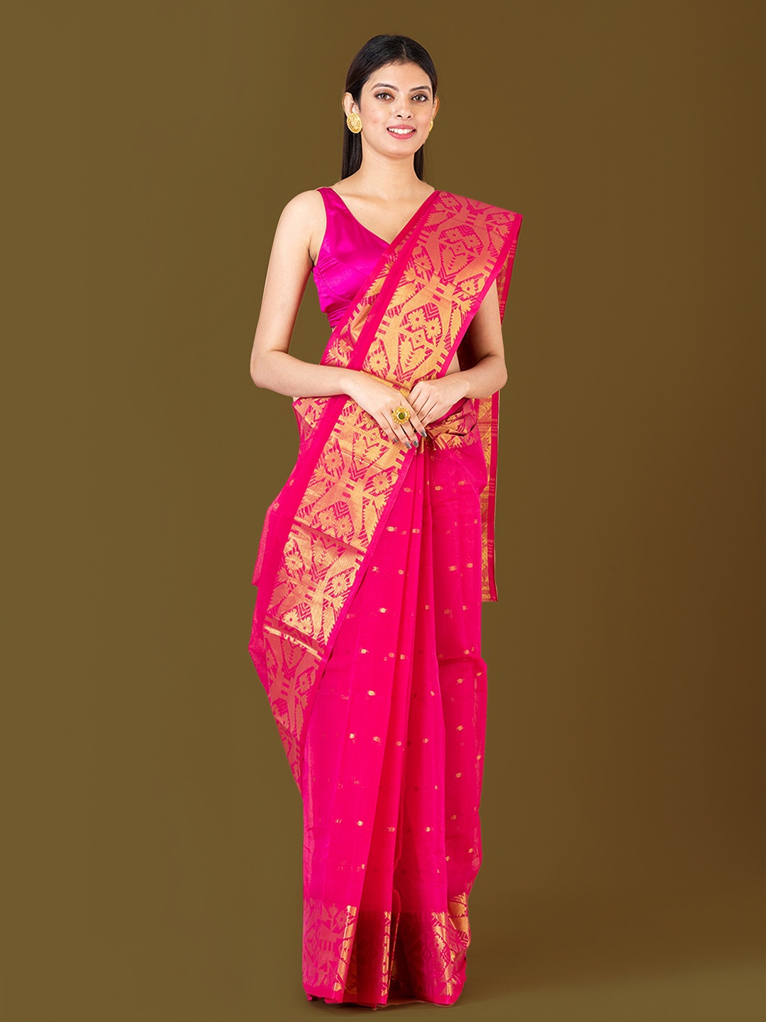 

HOUSE OF ARLI Ethnic Motifs Woven Design Zari Pure Cotton Taant Saree, Pink