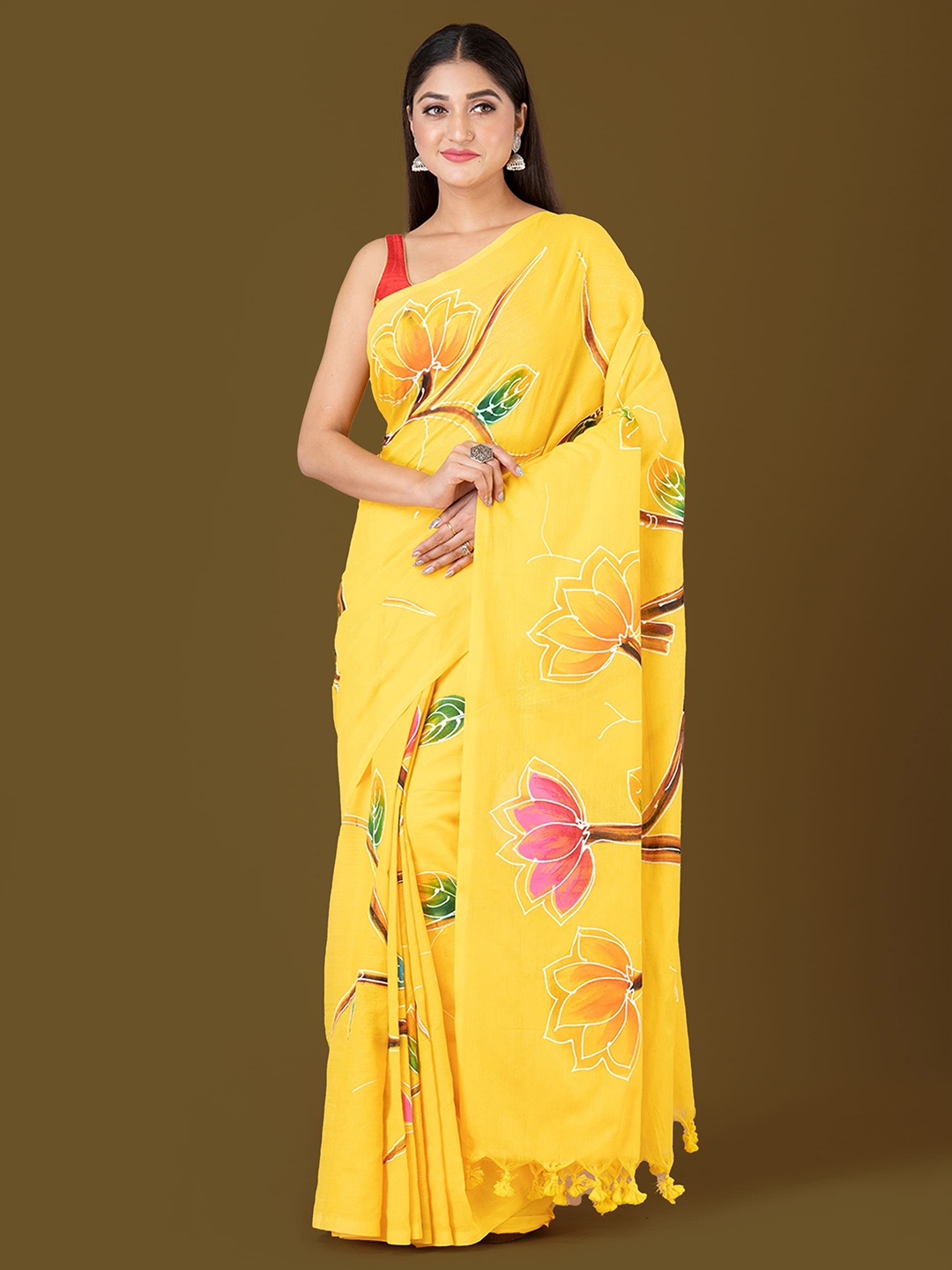 

HOUSE OF ARLI Floral Pure Cotton Saree, Yellow