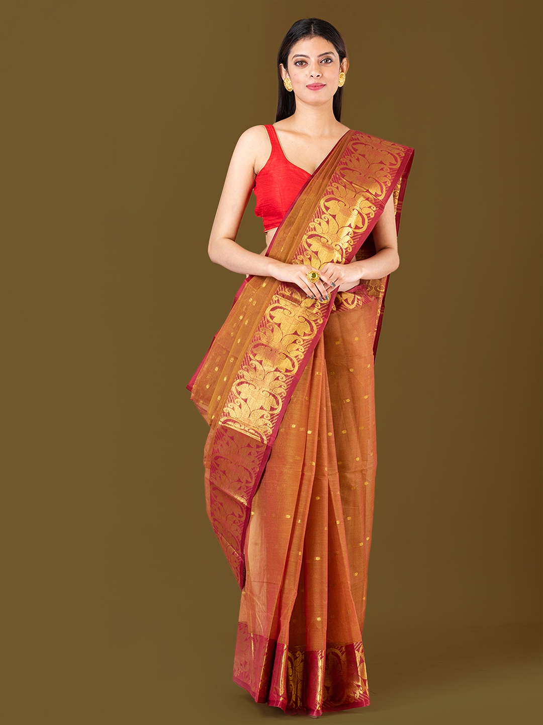 

HOUSE OF ARLI Ethnic Motifs Woven Design Zari Pure Cotton Taant Saree, Brown