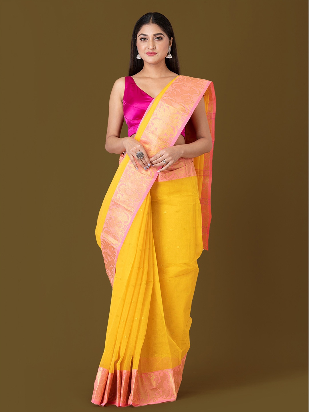 

HOUSE OF ARLI Ethnic Motifs Woven Design Zari Pure Cotton Taant Saree, Yellow