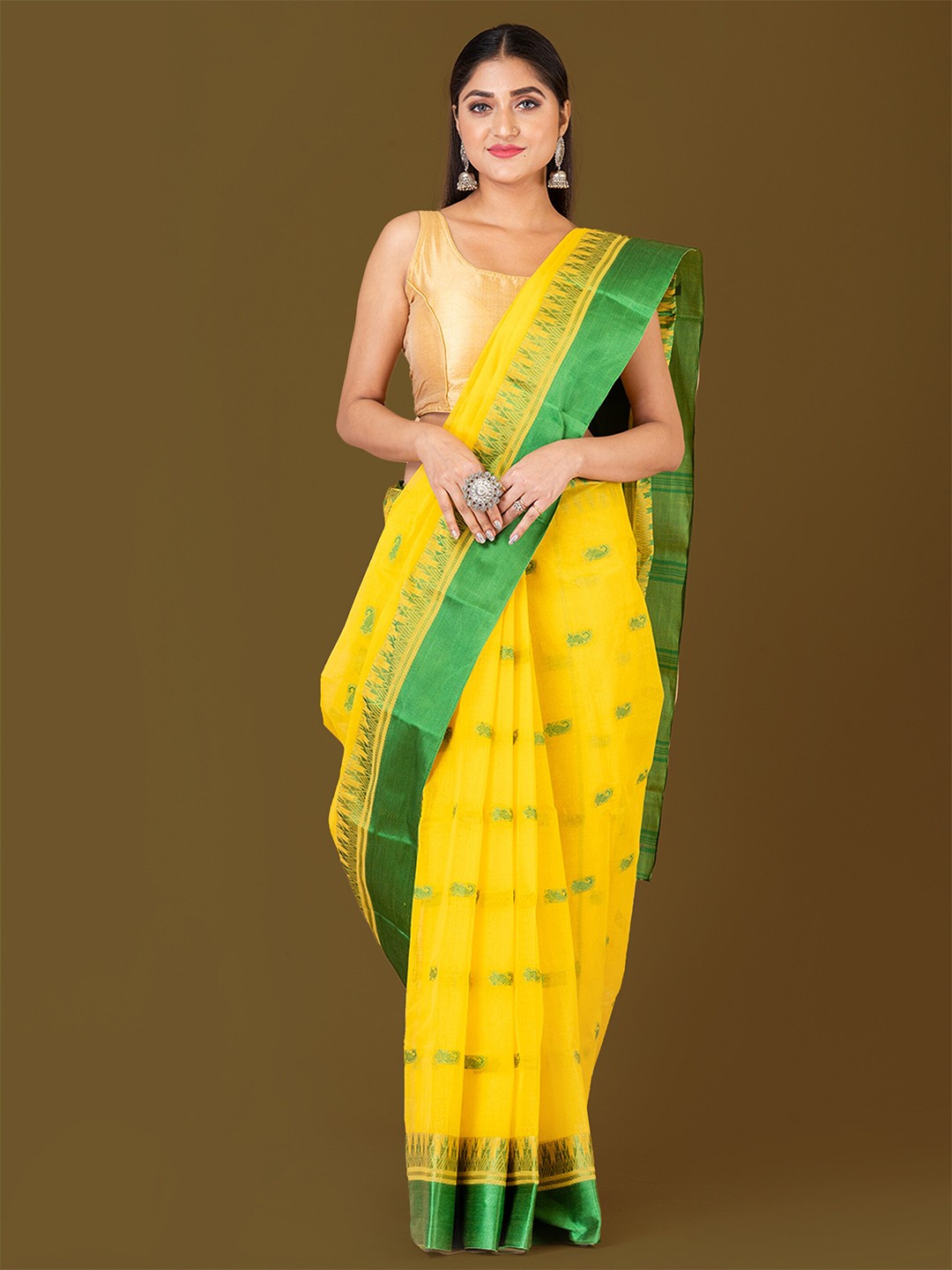 

HOUSE OF ARLI Paisley Woven Design Pure Cotton Taant Saree, Yellow