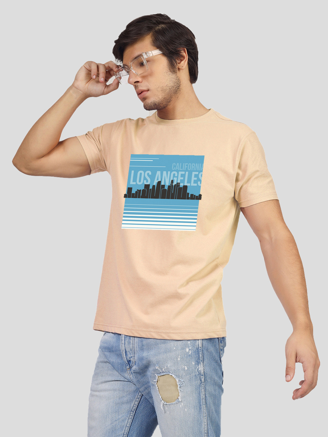 

Greylongg Graphic Printed Round Neck Casual T-shirt, Beige