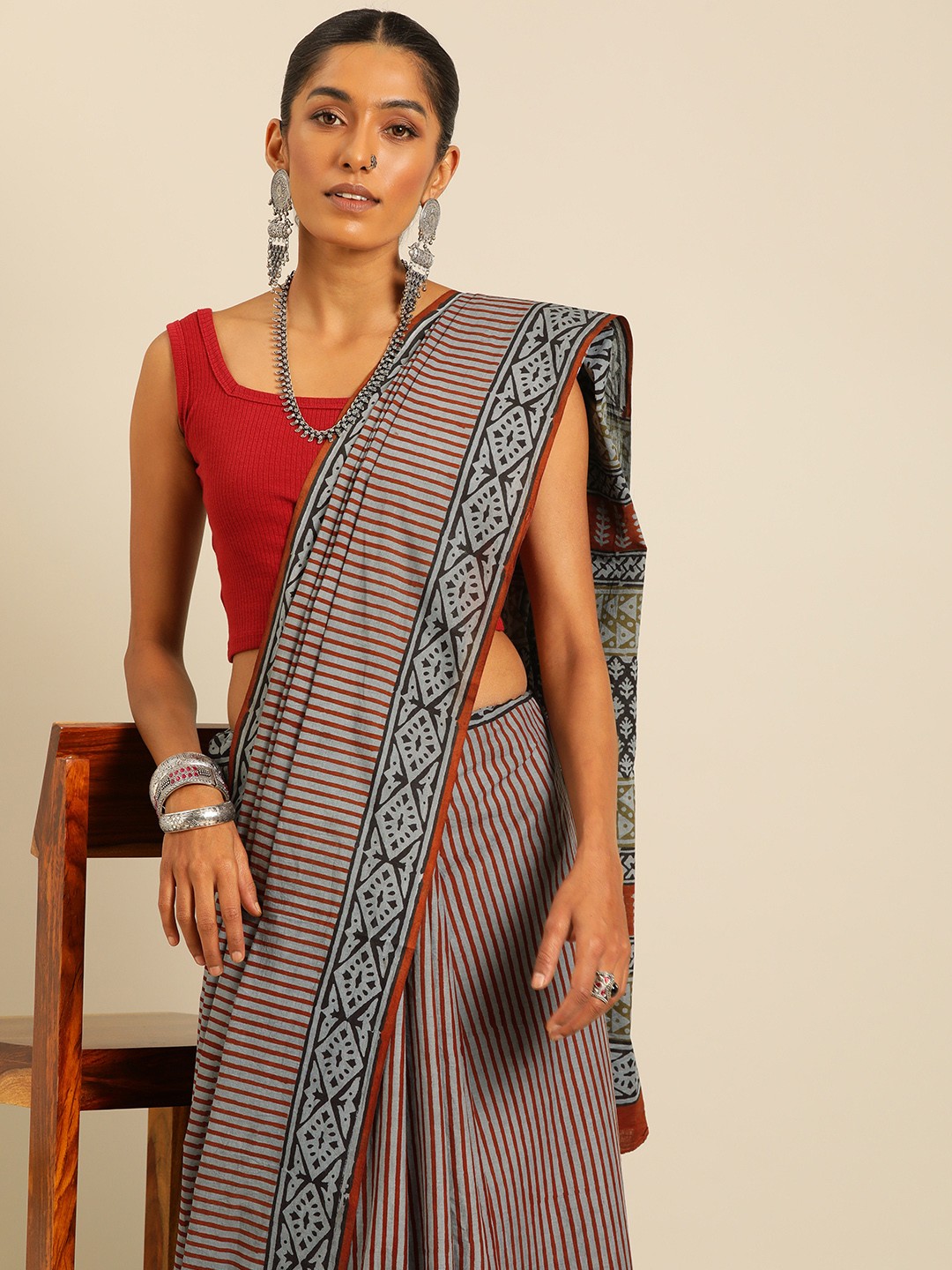 

Taavi Striped Pure Cotton Block Print Saree, Grey
