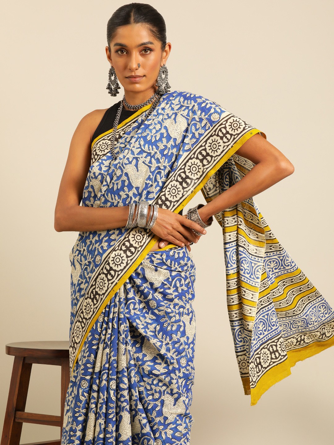 

Taavi Floral Pure Cotton Block Print Saree, Blue