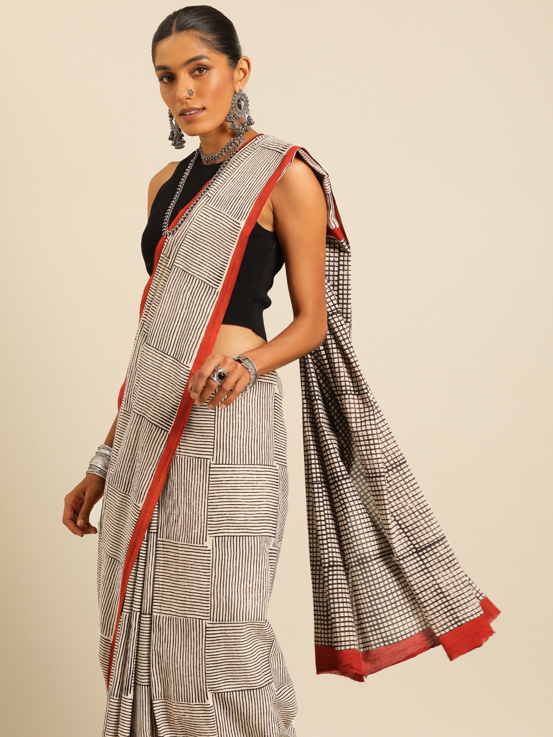 

Taavi Striped Pure Cotton Block Print Saree, Beige