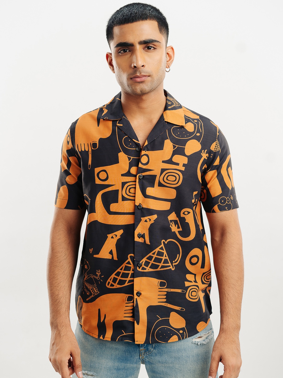 

FREAKINS Cotton Printed Casual Shirt, Black